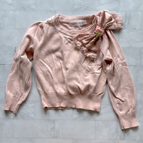 Angel’s Face Little Girls Pink Sweater with Satin & Lace Bow (3-4Y) - Picture 1 of 8